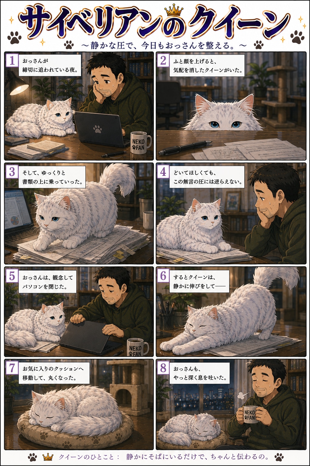 猫漫画コンテンツ6シリーズ  猫漫画6シリーズを投稿しています。  サイベリアンのクィーン 静かな圧で、今日もおっさんを整える  ちびキャラ ベビークイーン グリーンは食べ物…じゃなかった！？  クイ