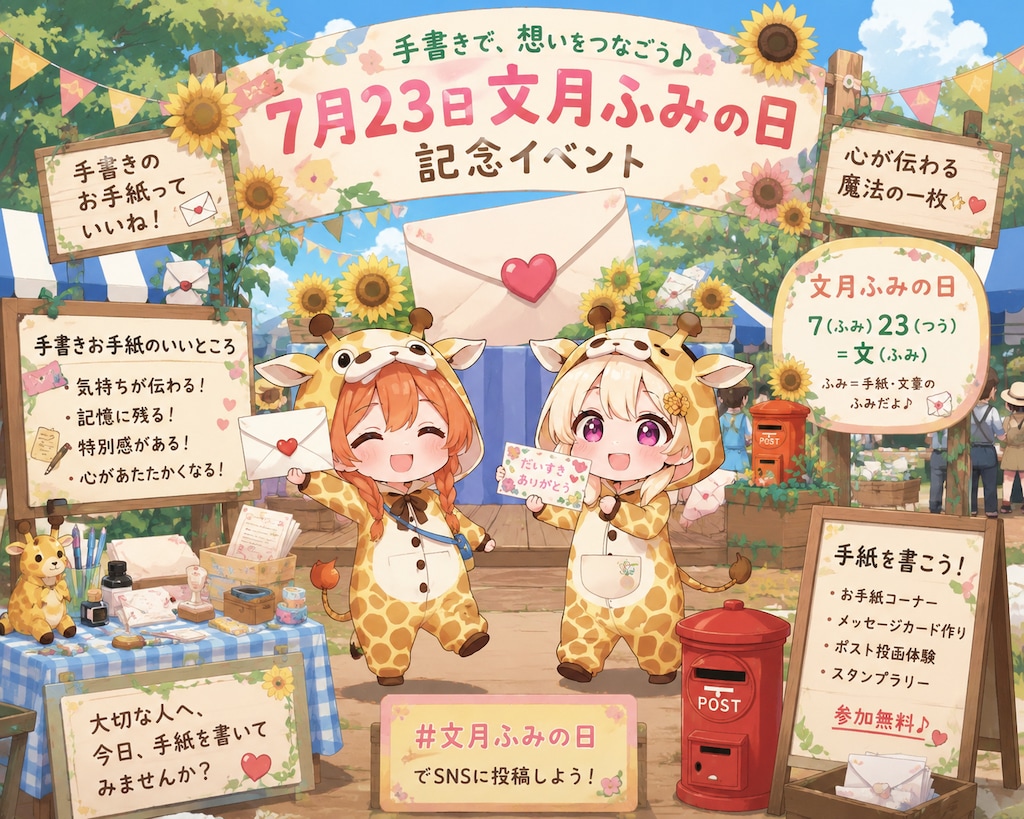 お手紙を出すキリン着ぐるみちび子ちゃん