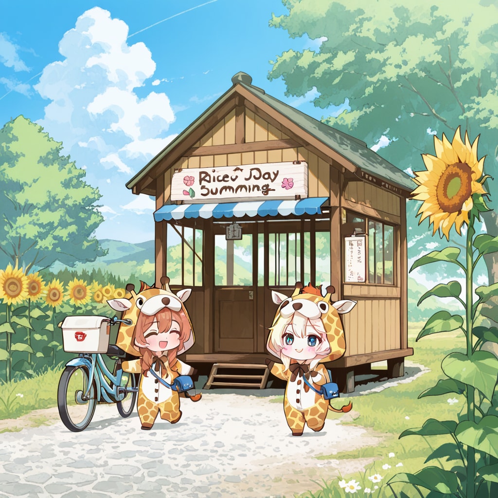 お手紙を出すキリン着ぐるみちび子ちゃん