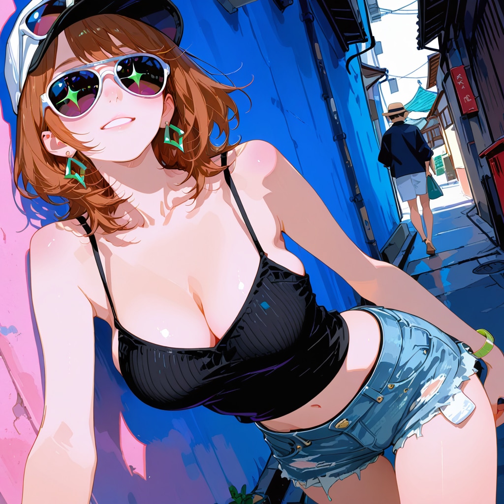 いかにも怪しい夏コーデサングラス巨乳美女