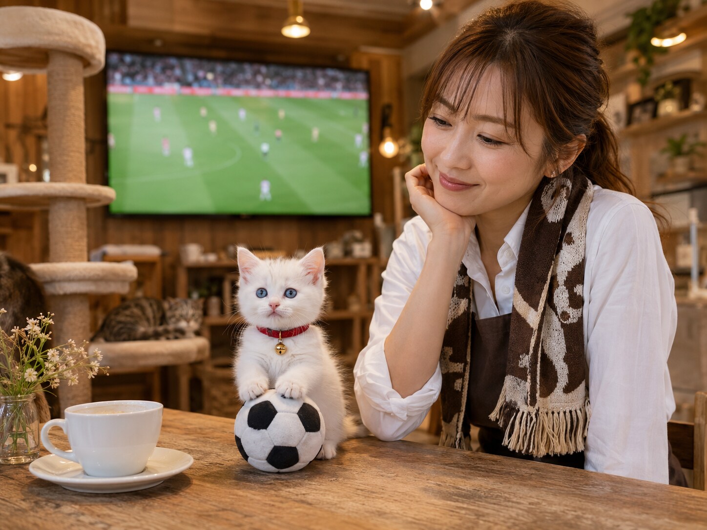 猫カフェねこたん、今夜はサッカー観戦