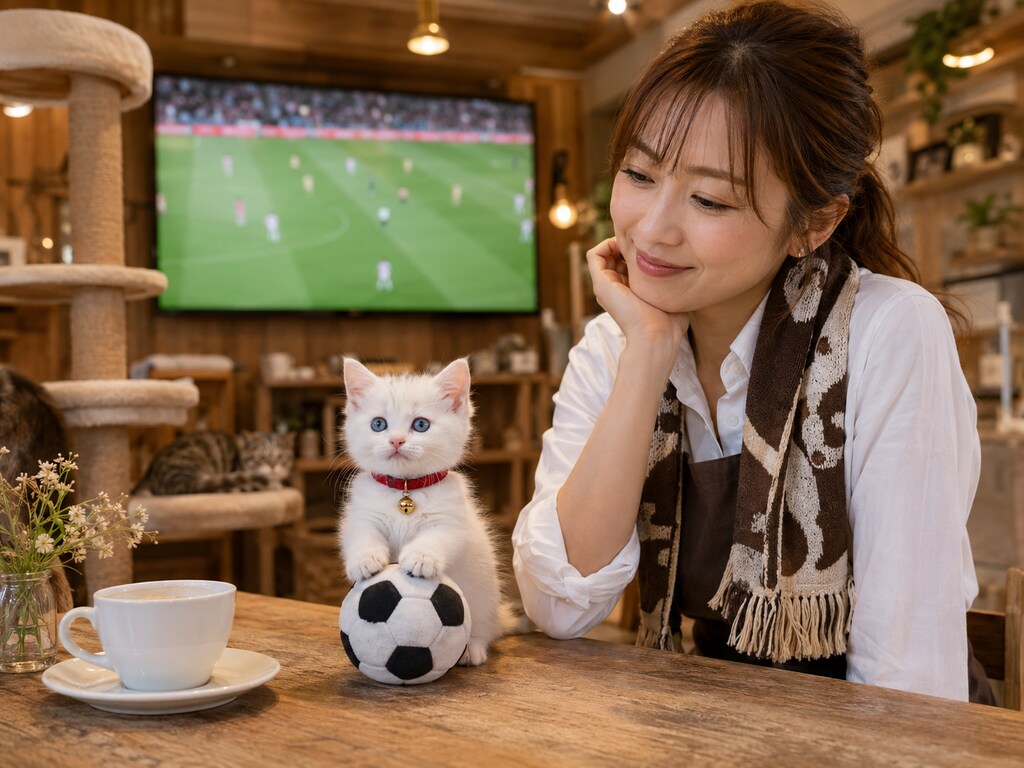 猫カフェねこたん、今夜はサッカー観戦