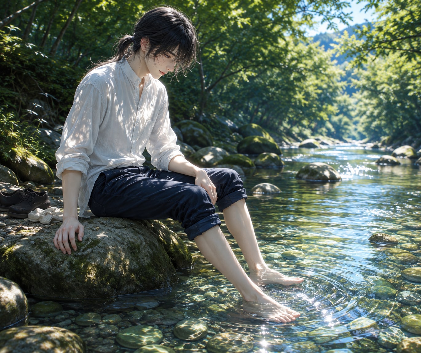 夏の川に足を浸して
