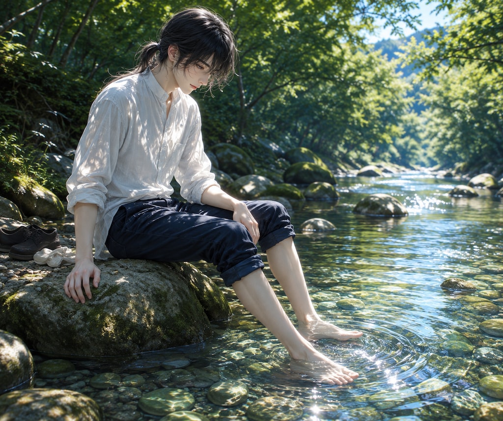 夏の川に足を浸して