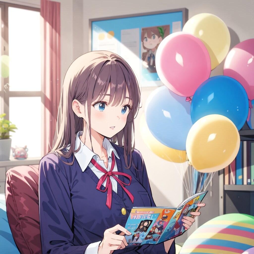 部屋の中で漫画を読みつつ風船を膨らませる女の子 | の人気AIイラスト・グラビア