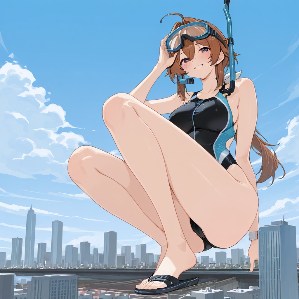 撮影（？）で街にいる巨大な競泳水着の少女