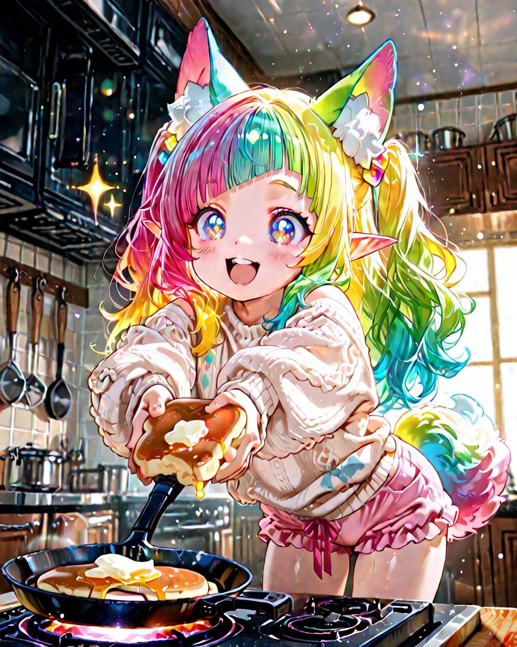 12枚）パンケーキを焼くケモ耳エルフさん