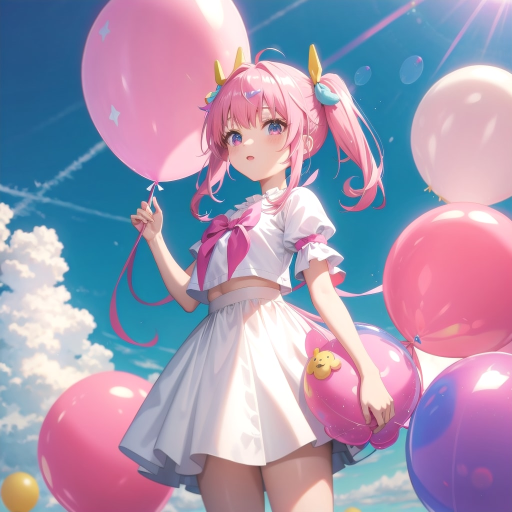 色とりどりの風船を持つピンク髪ツインテールのお姫様 | の人気AIイラスト・グラビア