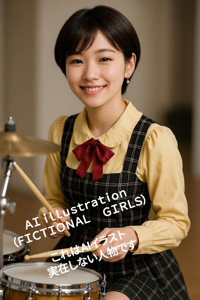 撮影でドラムス演奏のフリをするショートカット美少女