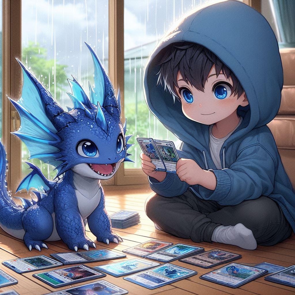 トレカで遊ぶ少年と青いドラゴン