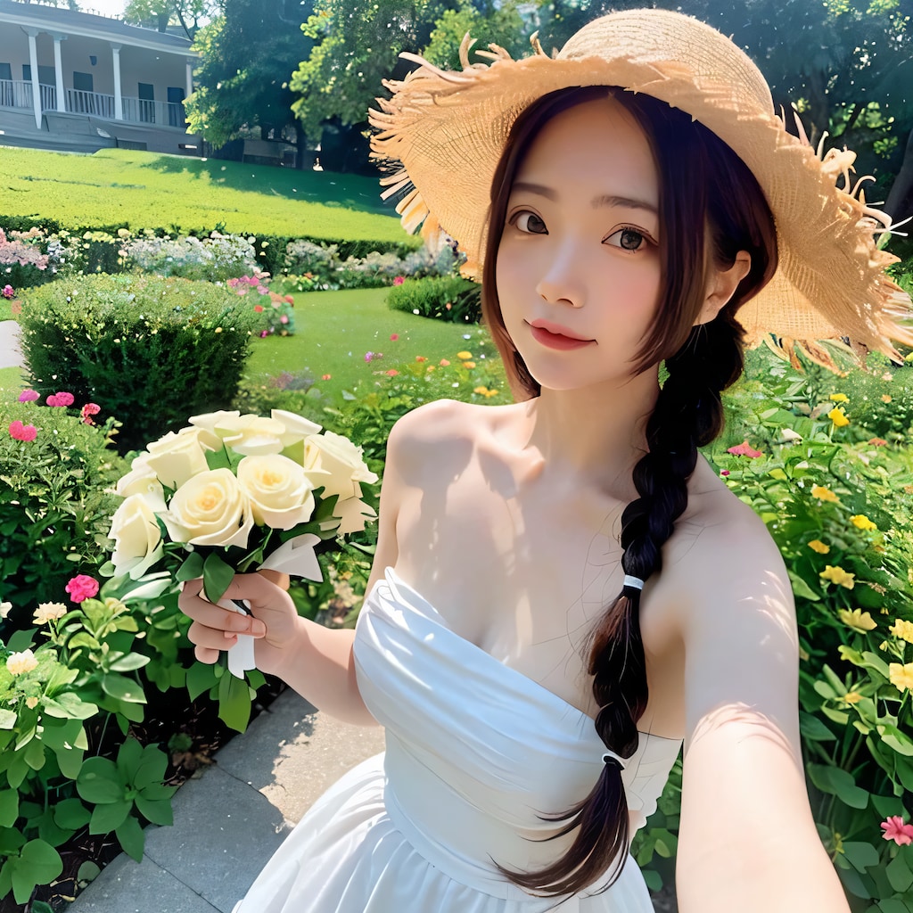 黒髪ロングの美女と花