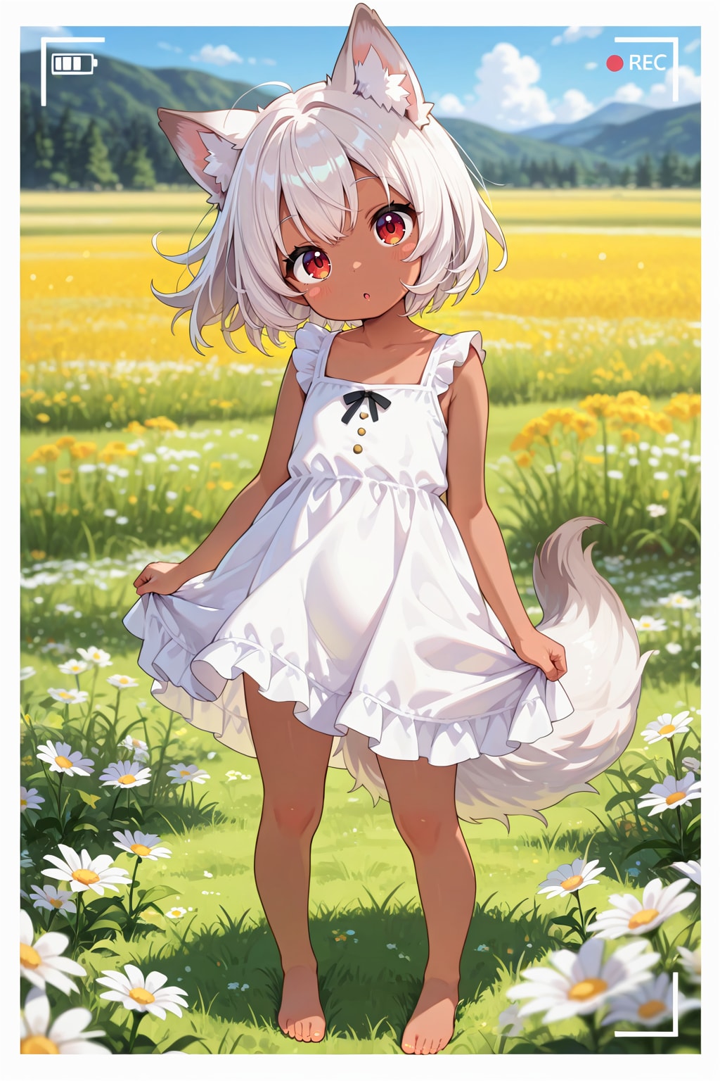 おめかしさせられてお花畑に連れてこられた狼耳民族