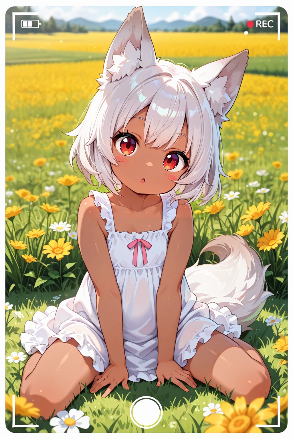 おめかしさせられてお花畑に連れてこられた狼耳民族