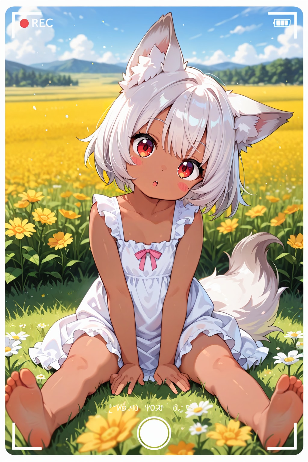 おめかしさせられてお花畑に連れてこられた狼耳民族