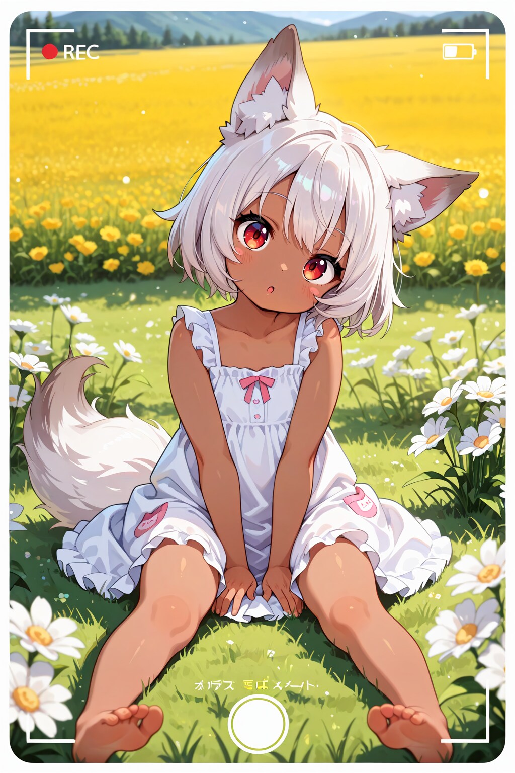 おめかしさせられてお花畑に連れてこられた狼耳民族