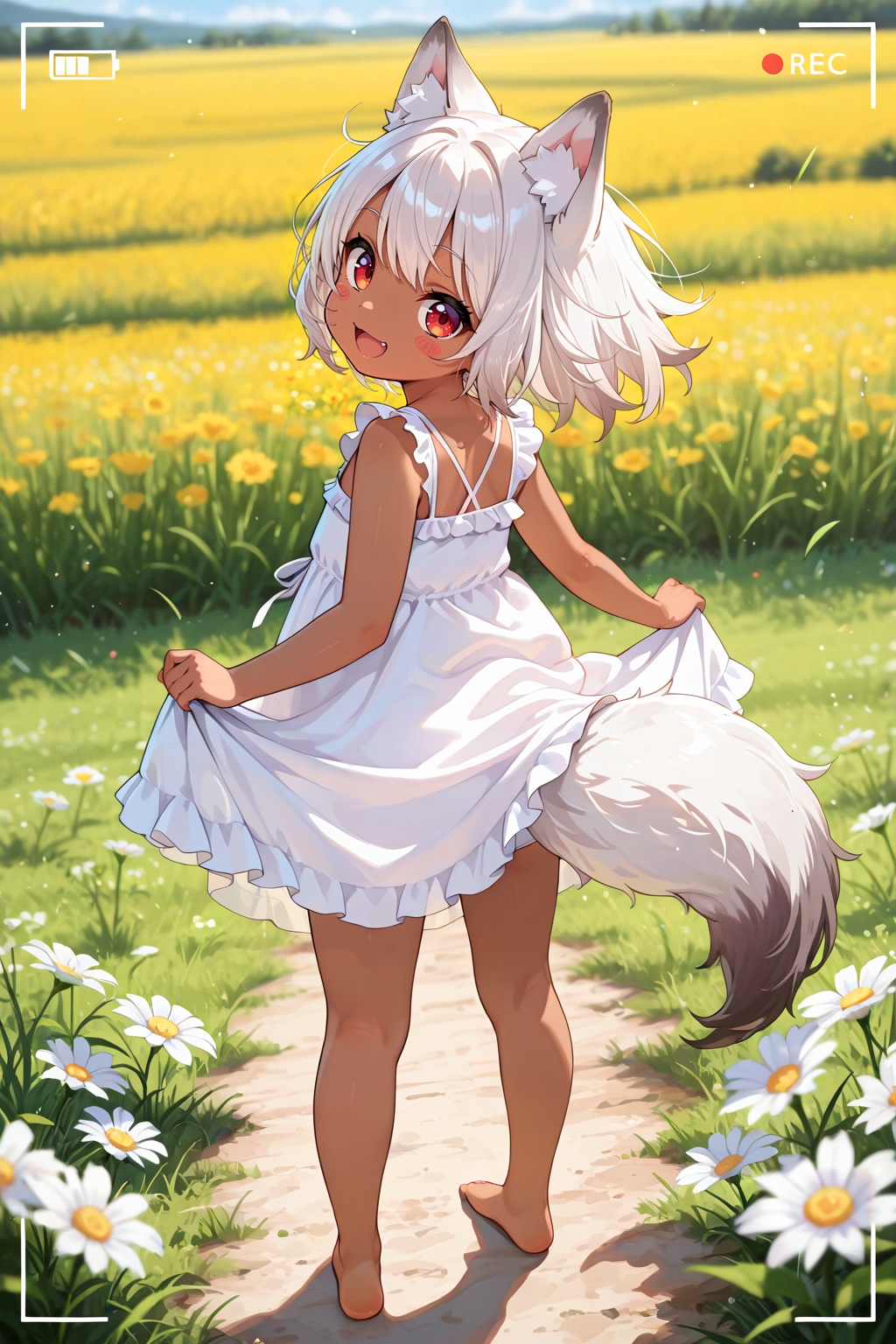 おめかしさせられてお花畑に連れてこられた狼耳民族