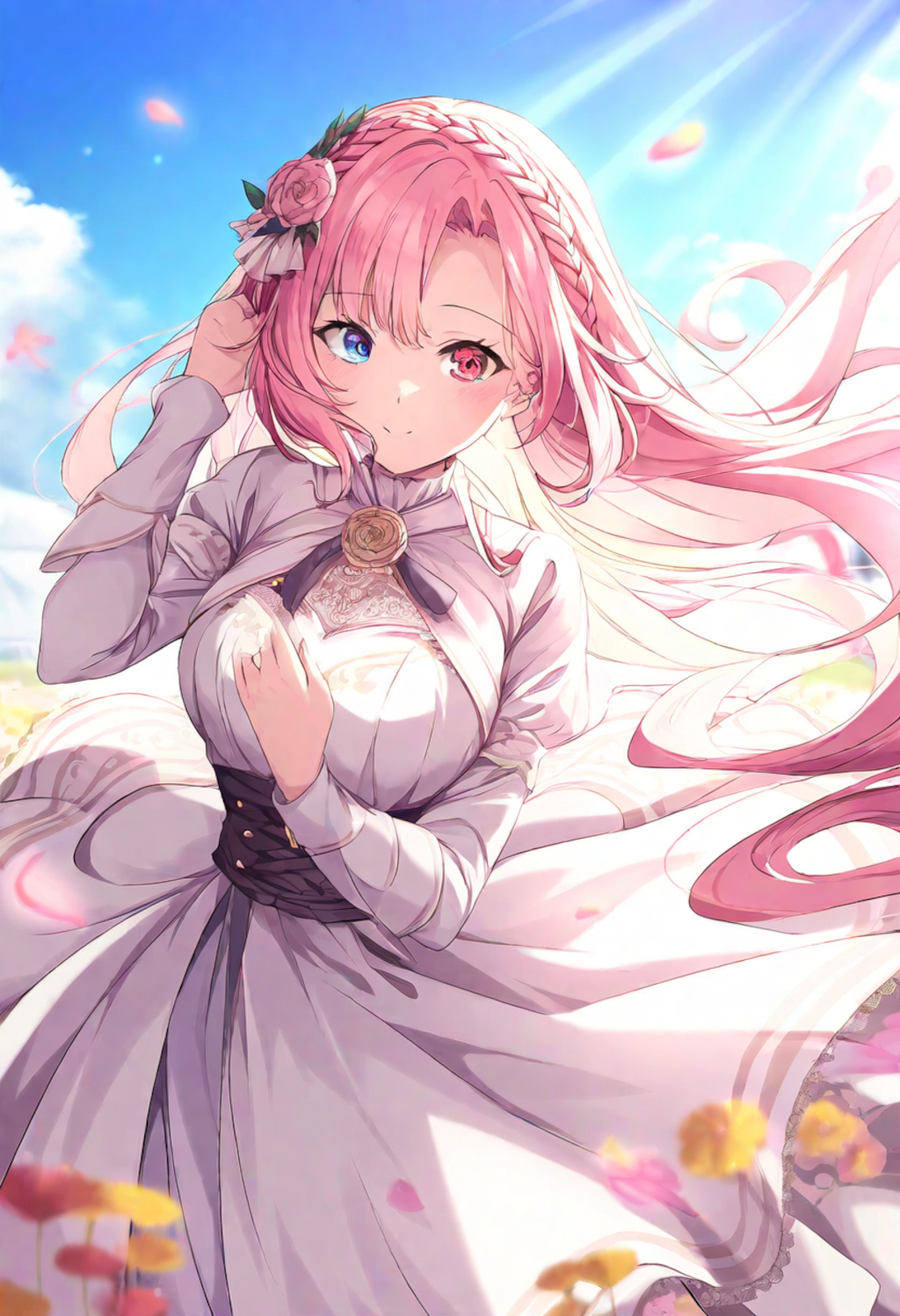 A girl with an enchanting aura poses confidently amidst vibrant flowers