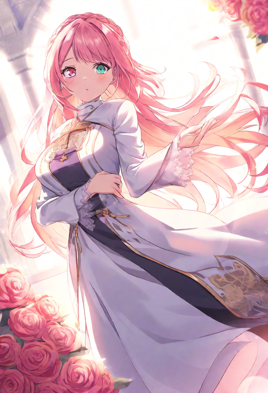 A girl with an enchanting aura poses confidently amidst vibrant flowers