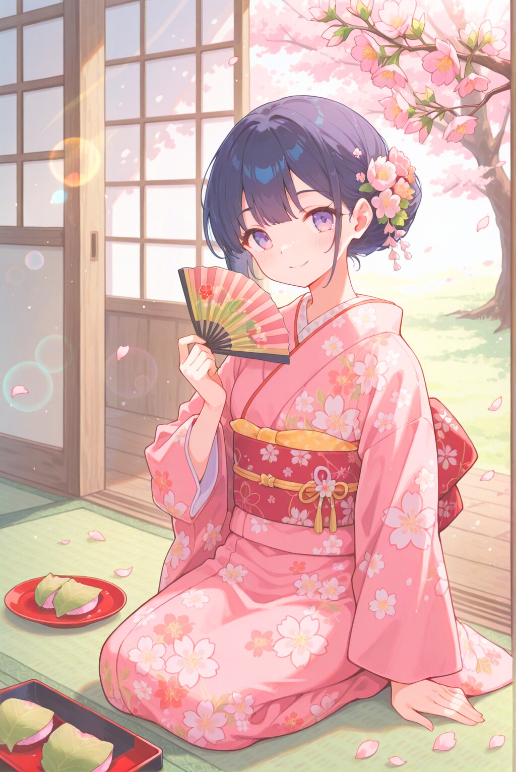 春の縁側で桜餅