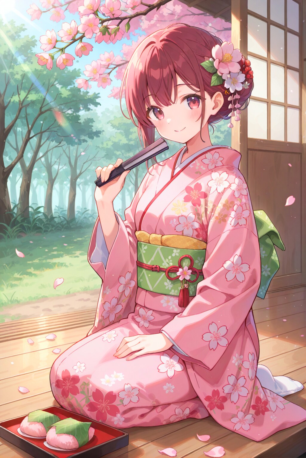 春の縁側で桜餅