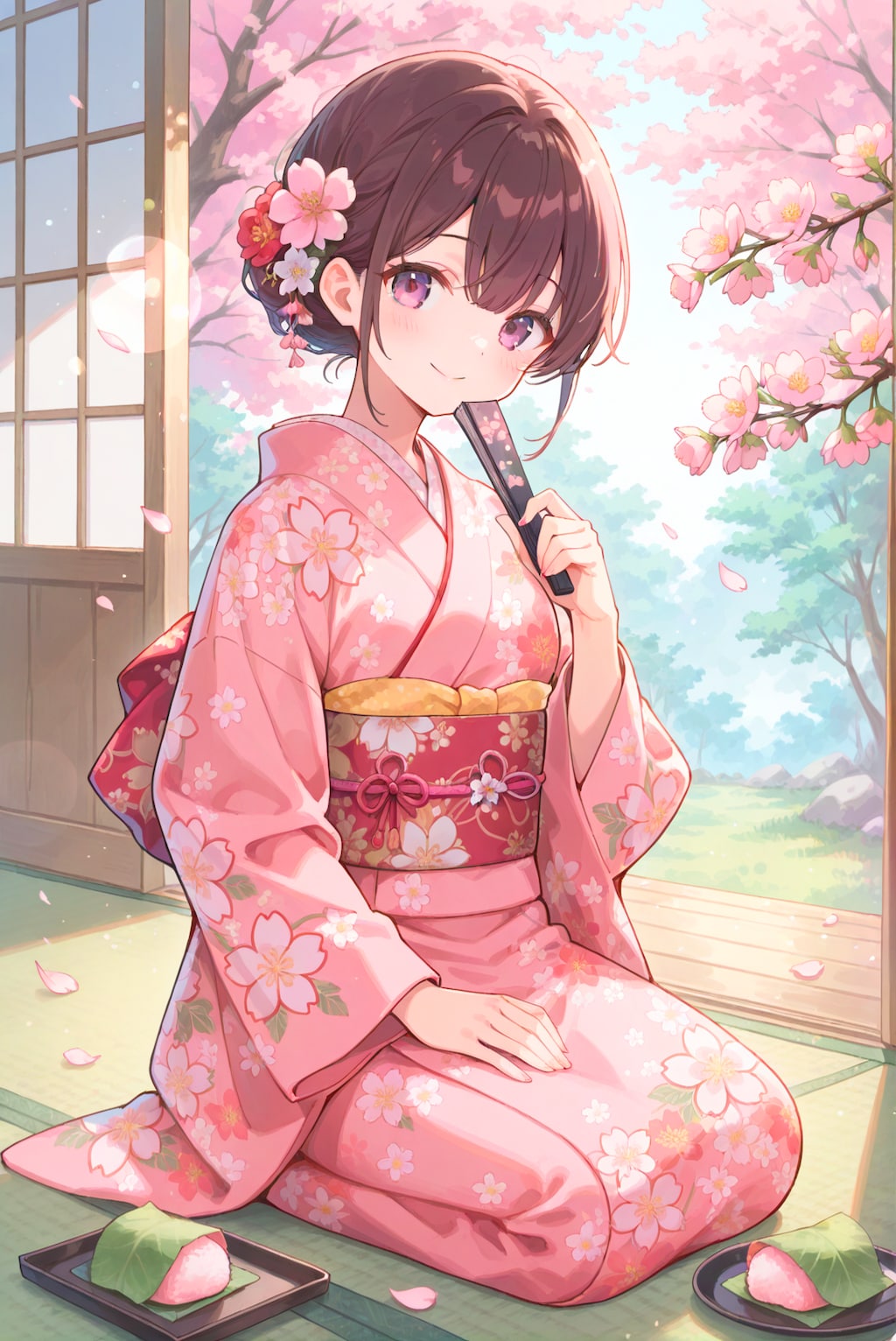 春の縁側で桜餅