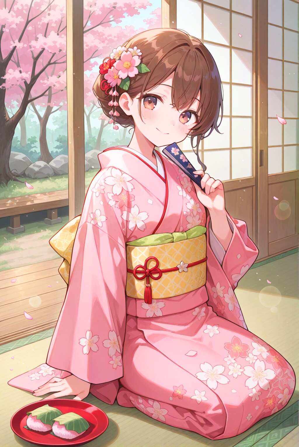 春の縁側で桜餅