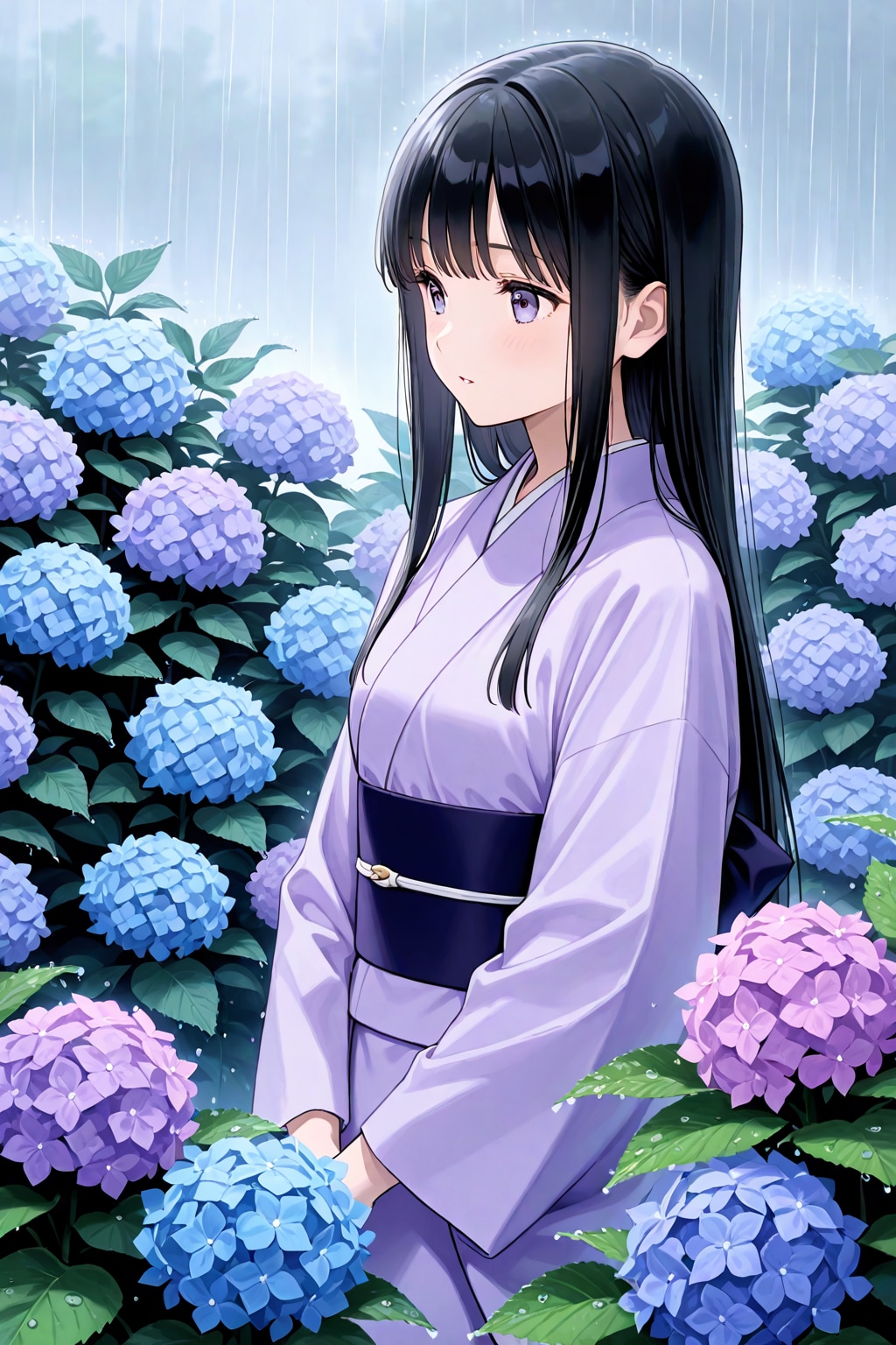 紫陽花と和装の女の子