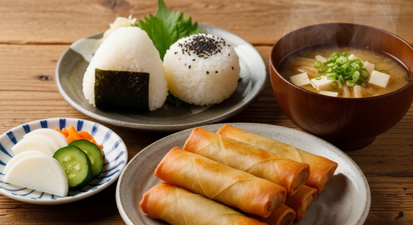 摩訶不思議食堂の春巻きとおにぎりのセット | の人気AIイラスト・グラビア