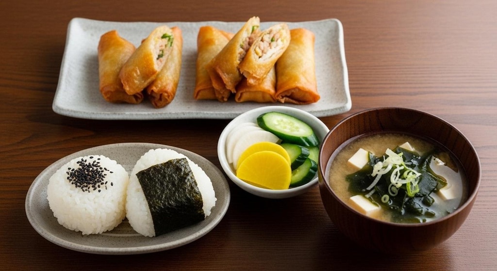 摩訶不思議食堂の春巻きとおにぎりのセット