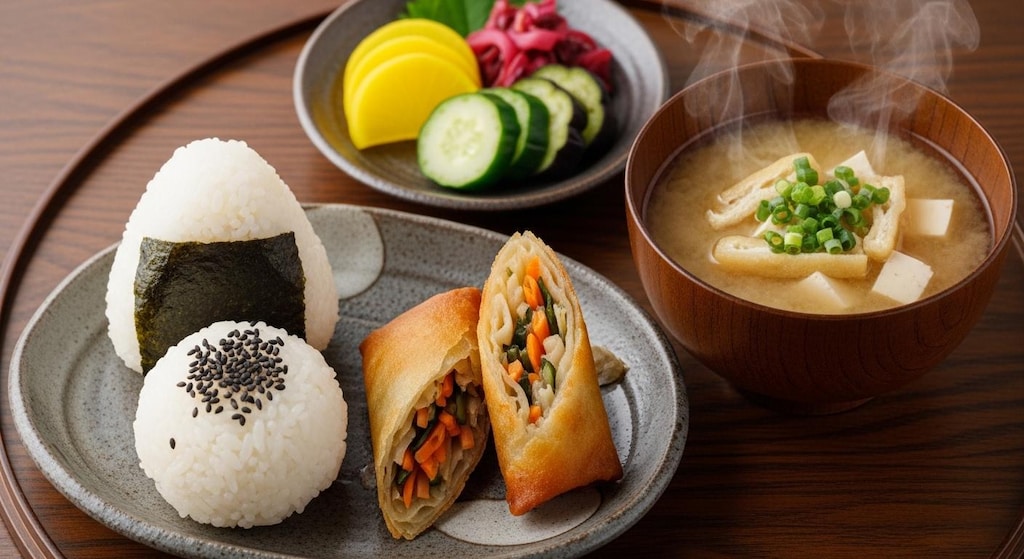 摩訶不思議食堂の春巻きとおにぎりのセット