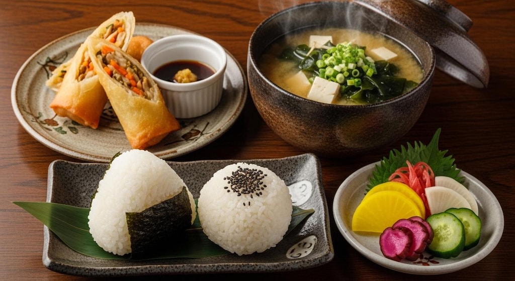 摩訶不思議食堂の春巻きとおにぎりのセット