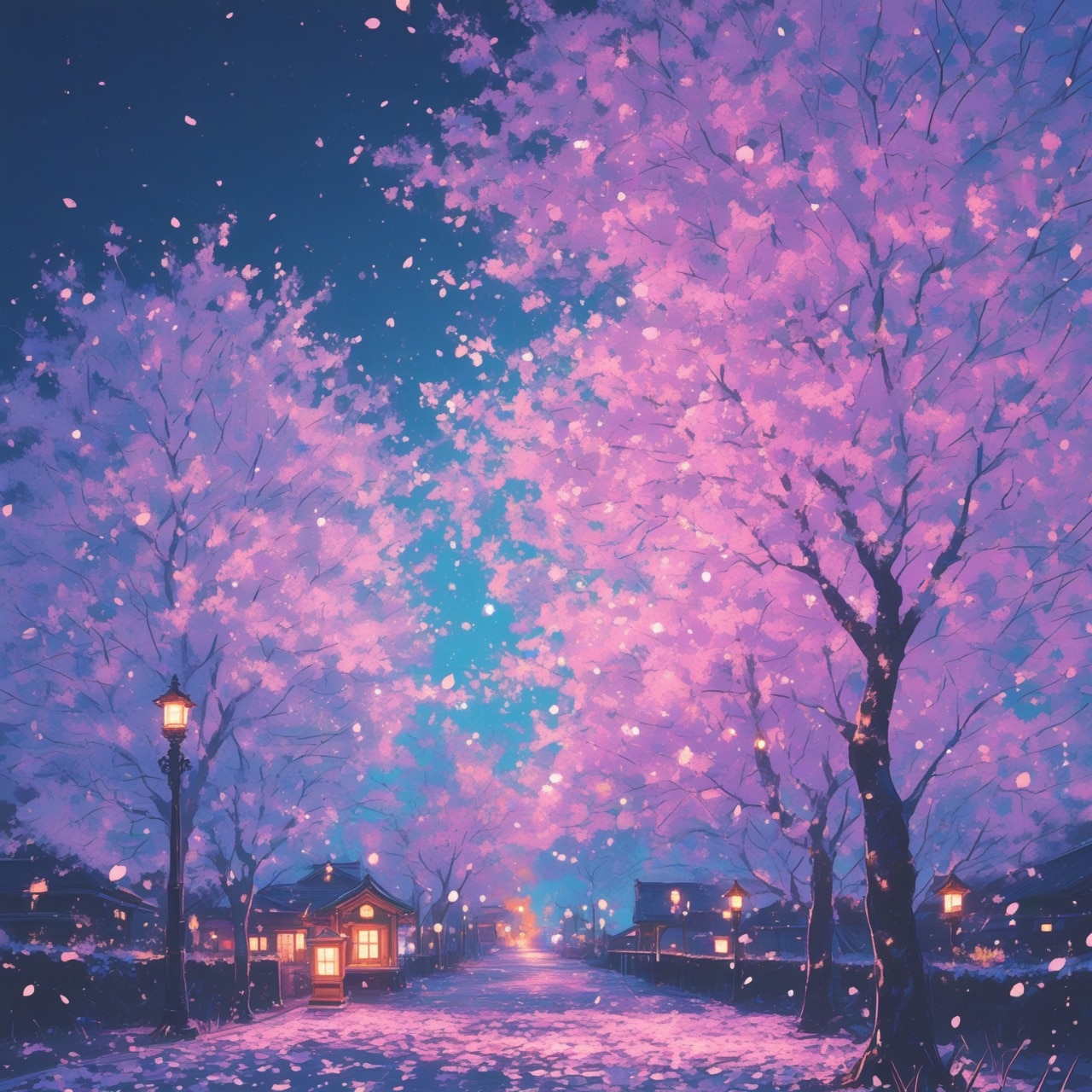紫桜の灯る夜道