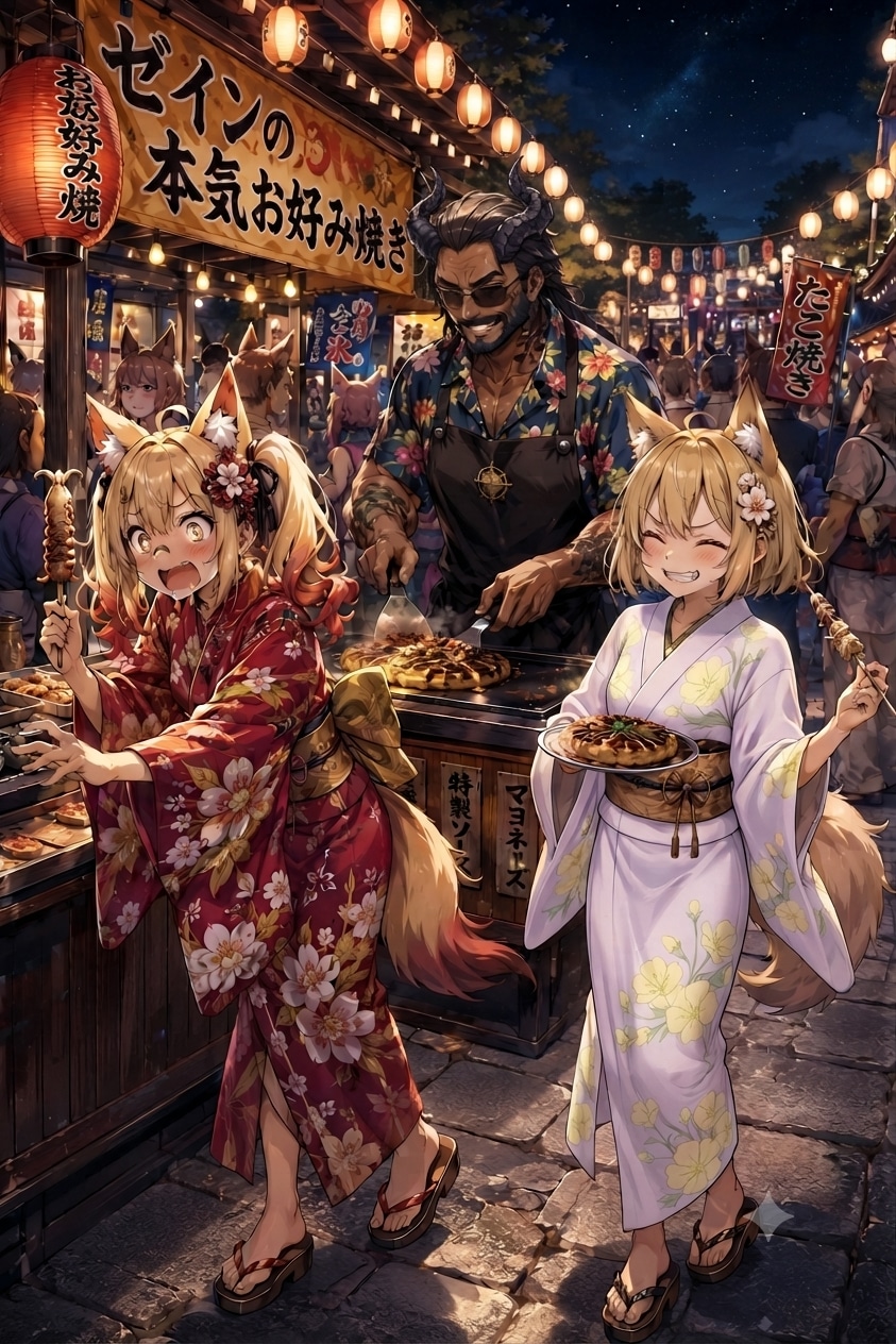なぜか参道に出てお好み焼き作ってしまうおっさん | の人気AIイラスト・グラビア