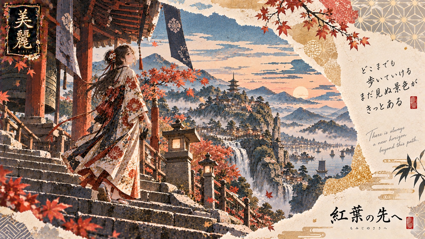Standing at the shrine steps, looking out toward a horizon dressed in autumn colors.  There is alway | の人気AIイラスト・グラビア