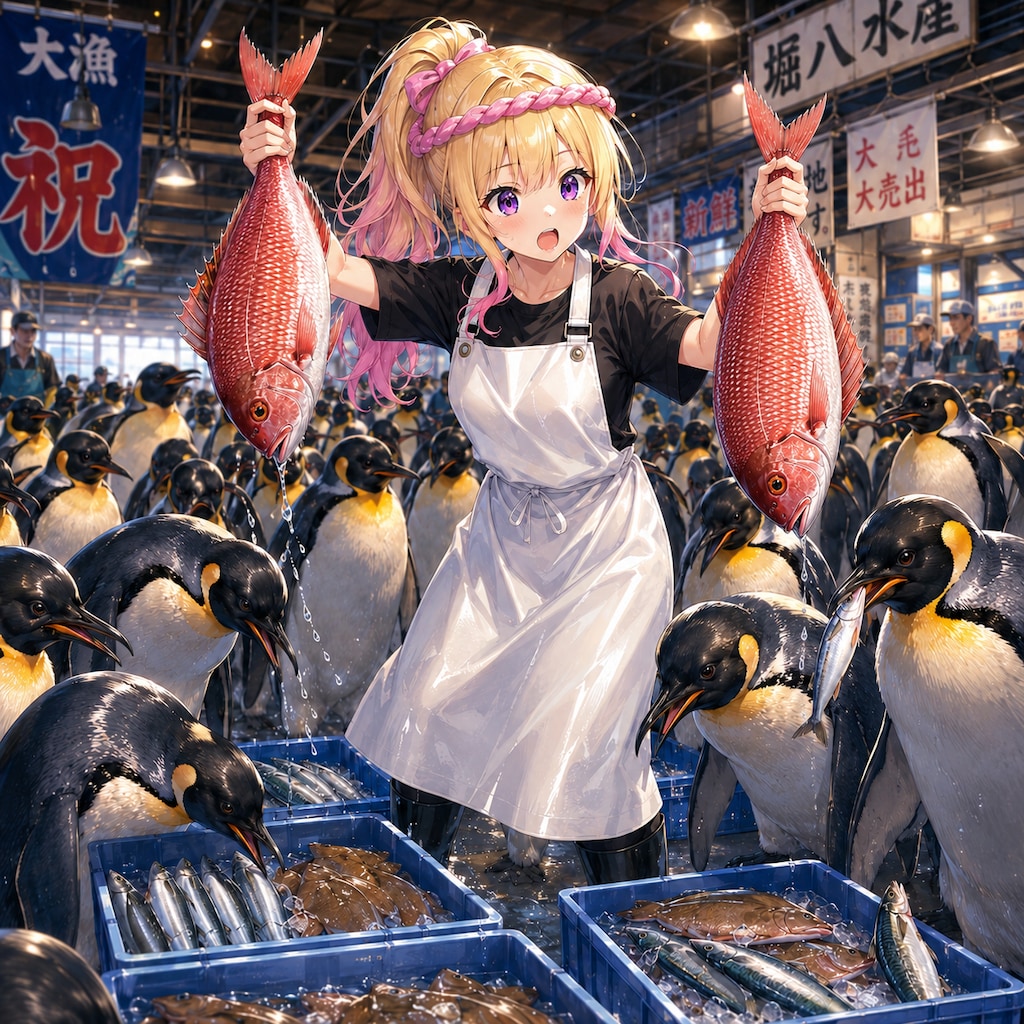 市場の競りに群がるペンギン達