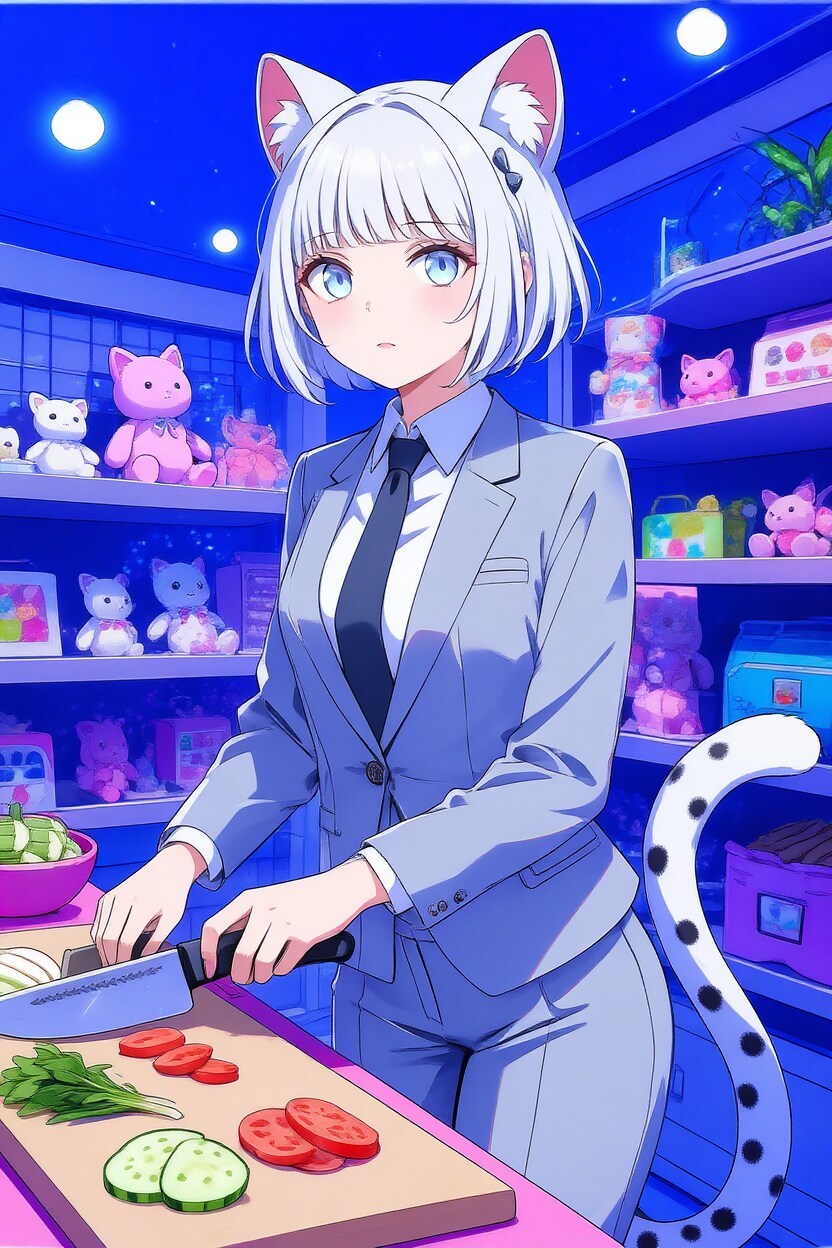 おもちゃ屋のレジで食事の支度をするスーツ姿の雪豹娘