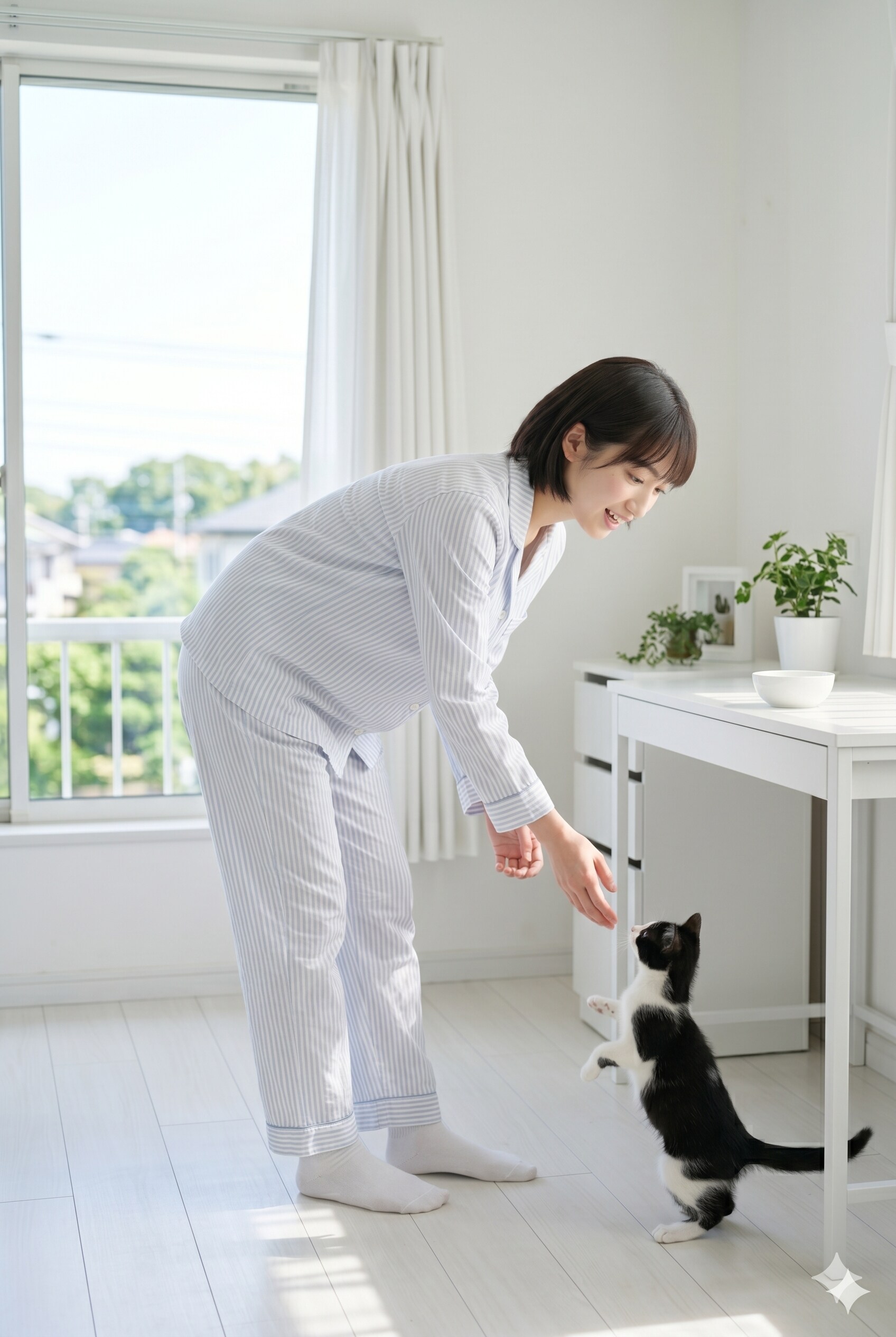 普通の美少女　朝の自室・ハチワレ子猫