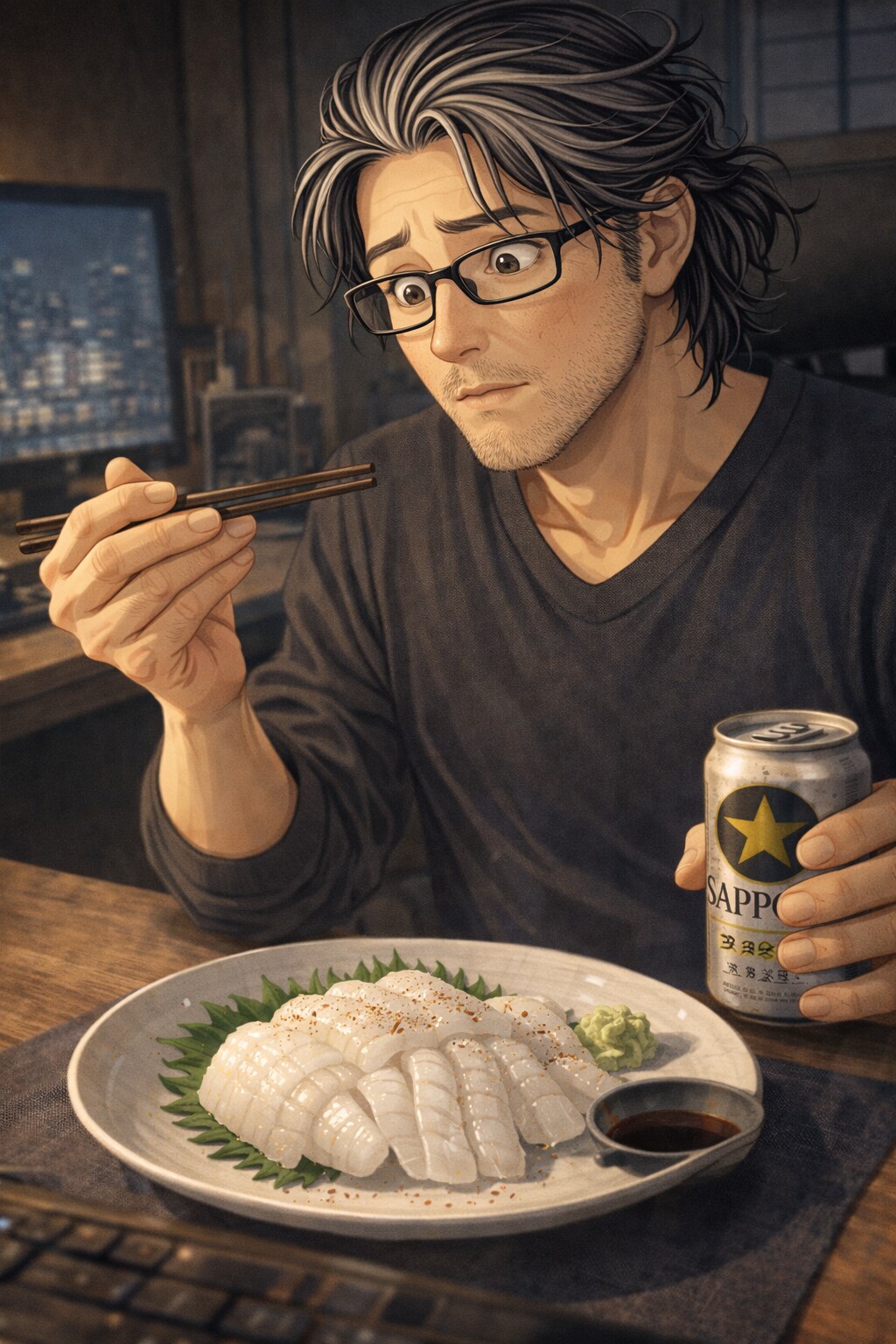 「スミイカの刺身」の旨味と甘味に驚くオジサン