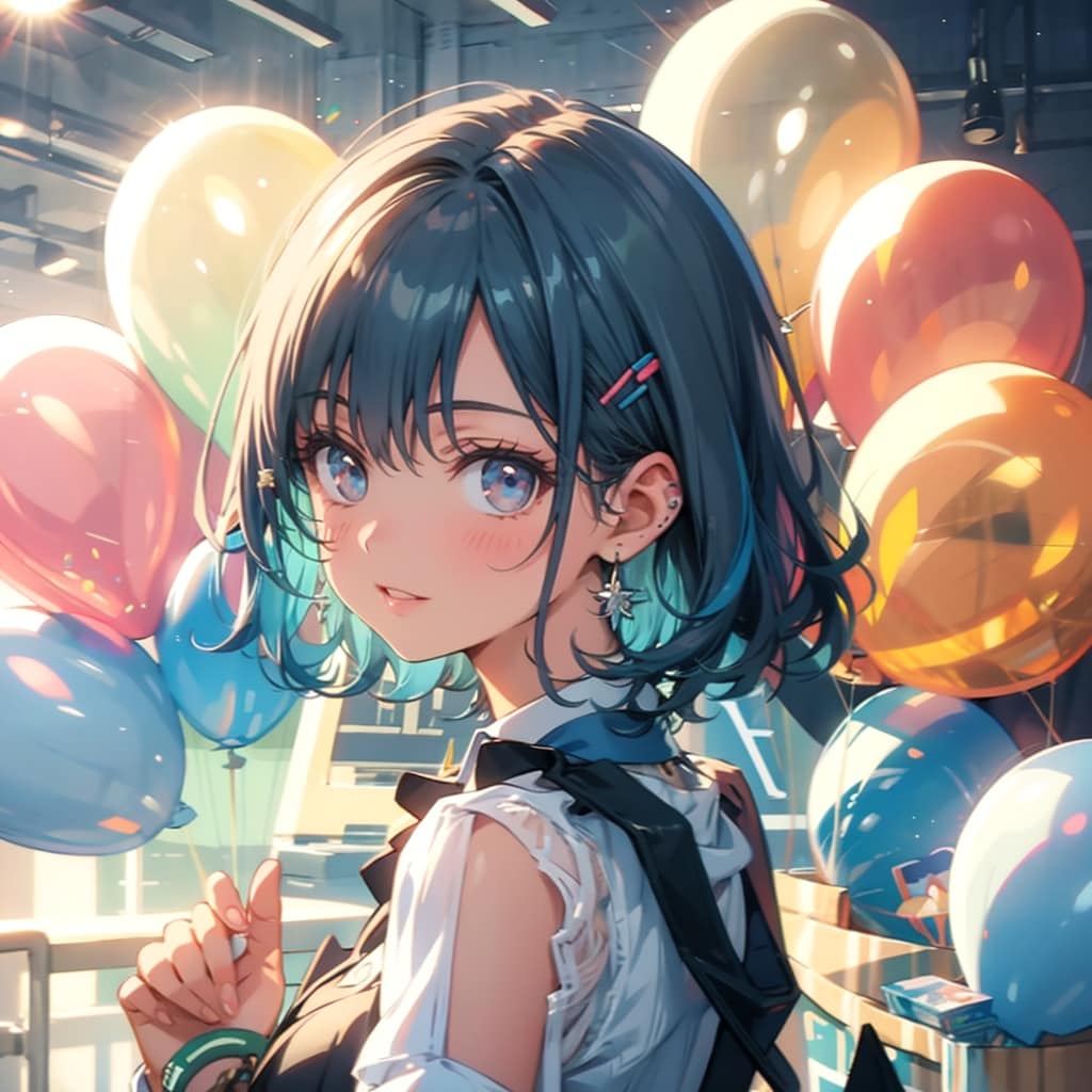 色とりどりの風船を持つ青い髪ショートカットの美女 | の人気AIイラスト・グラビア