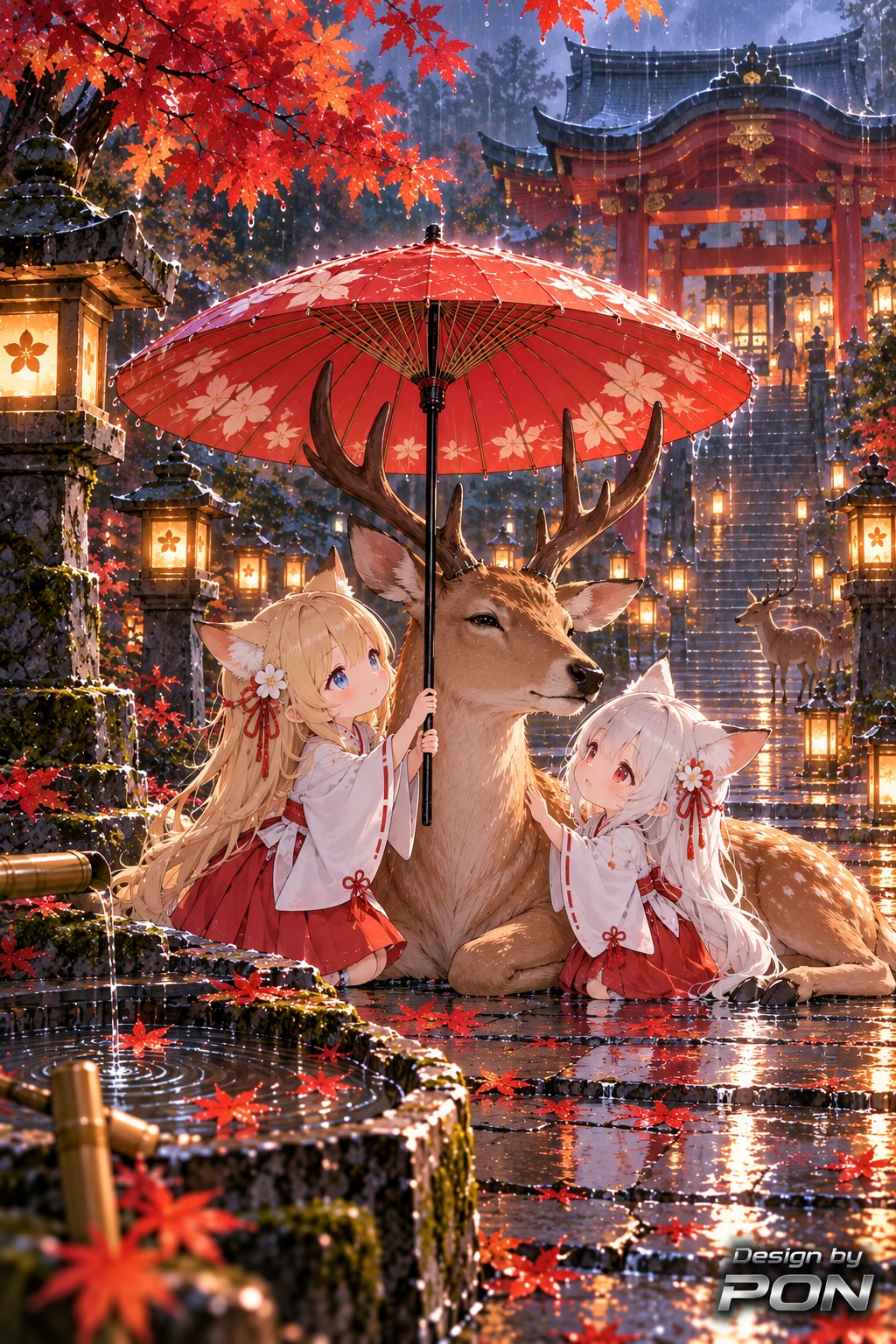 秋雨、鹿と相傘