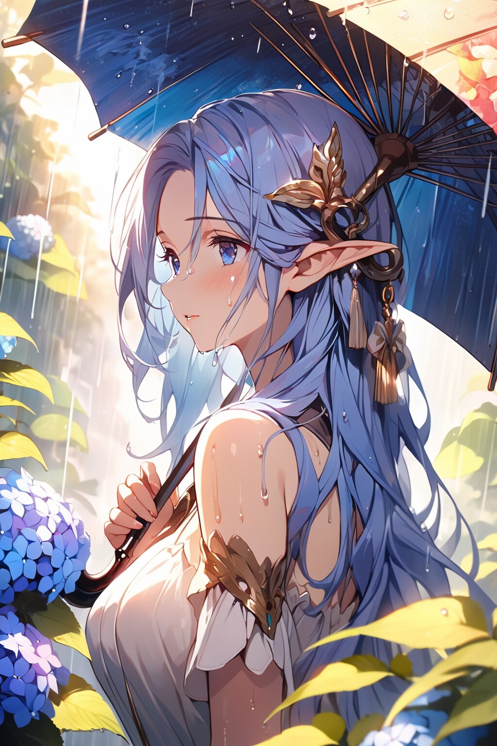 思いにふけるエルフさんの雨の横顔