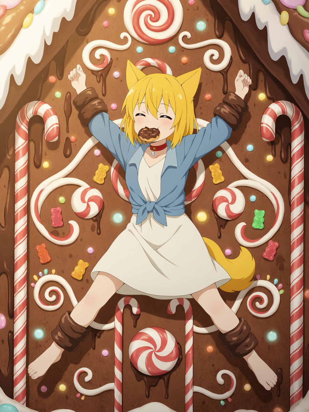 お菓子でできた家を発見しぴょこぴょこと近づいていったらそこに住んでいた魔女がいきなり魔法を使いチョコレートで手足を固めて壁に大の字にはりつけにしてきて自分はこのまま捕まって食べられてし…