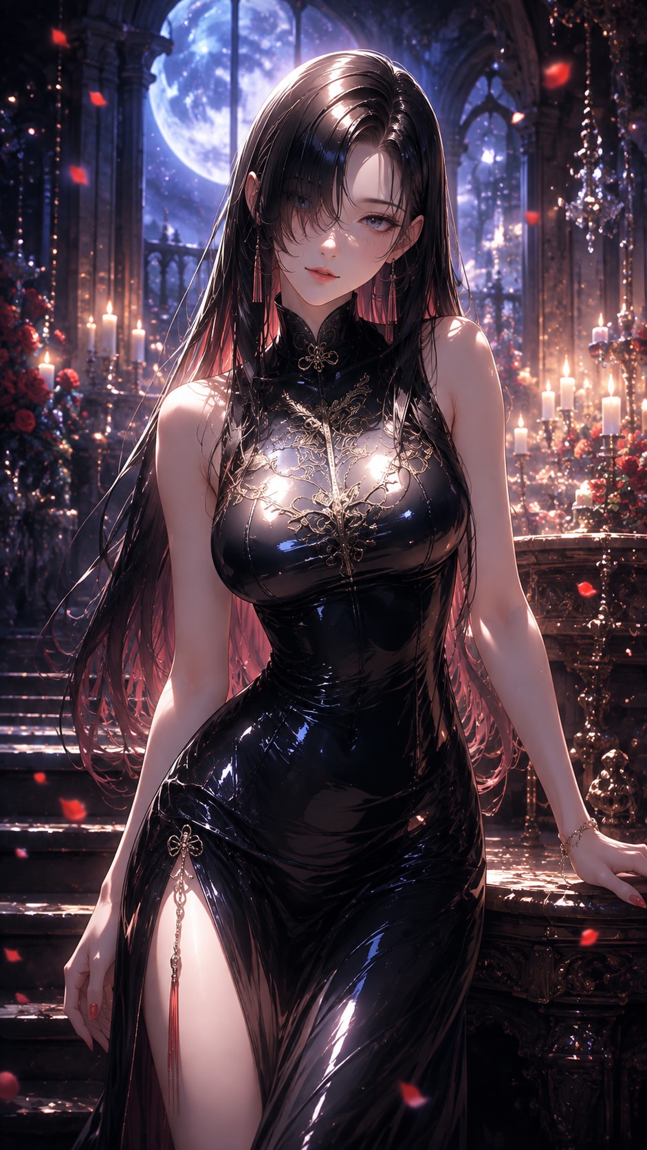 月影に咲くブラックドレスのローズクイーン