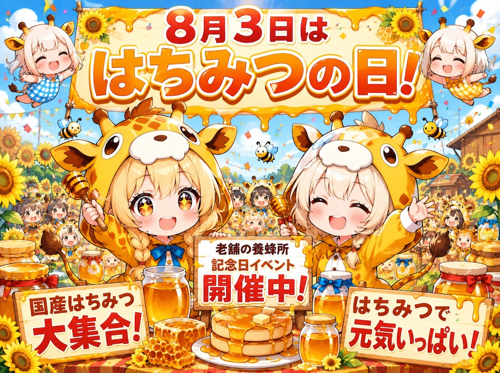 はちみつを堪能するキリン着ぐるみちび子ちゃん