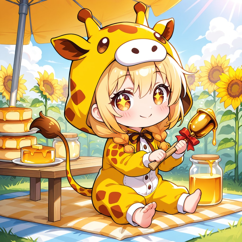 はちみつを堪能するキリン着ぐるみちび子ちゃん | の人気AIイラスト・グラビア