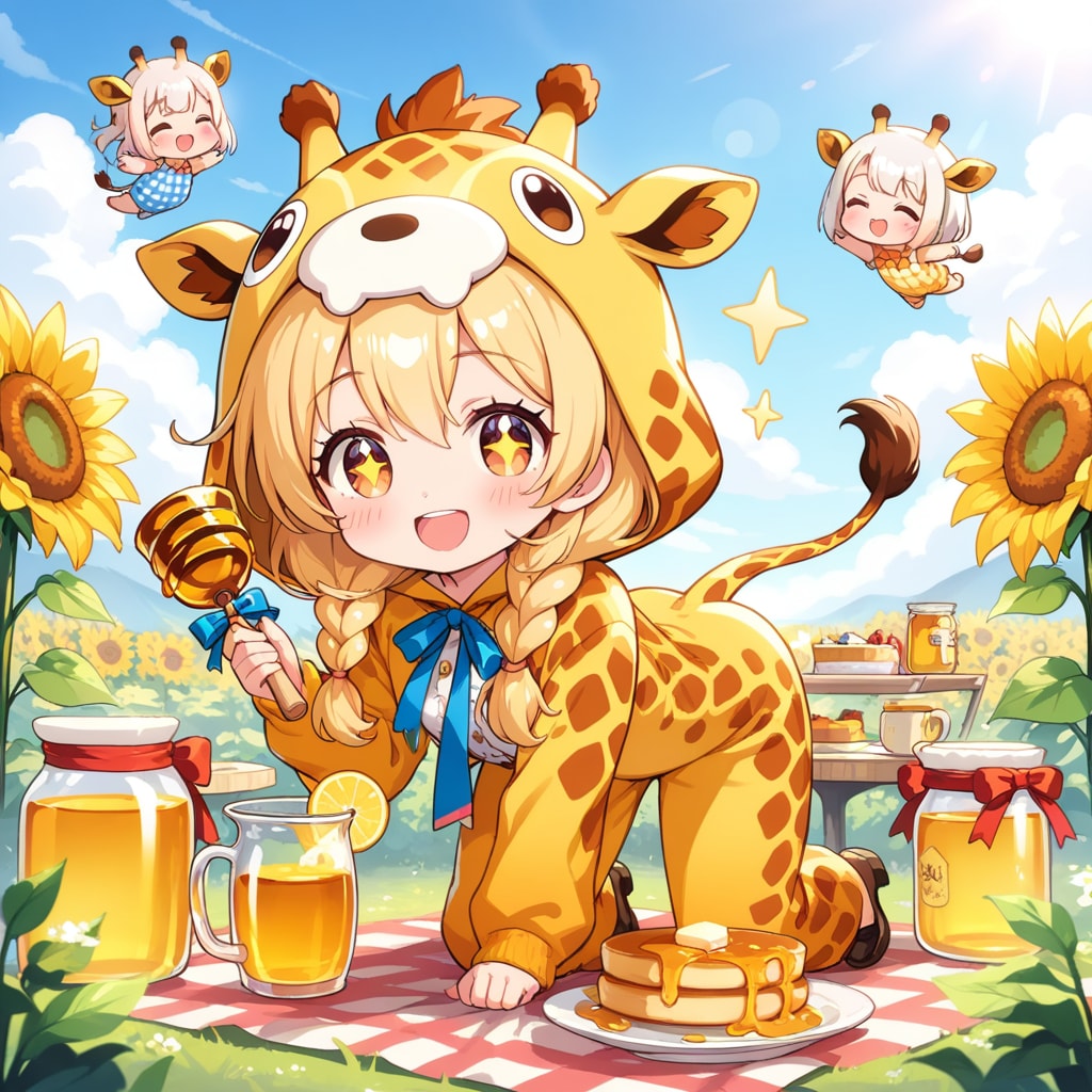 はちみつを堪能するキリン着ぐるみちび子ちゃん