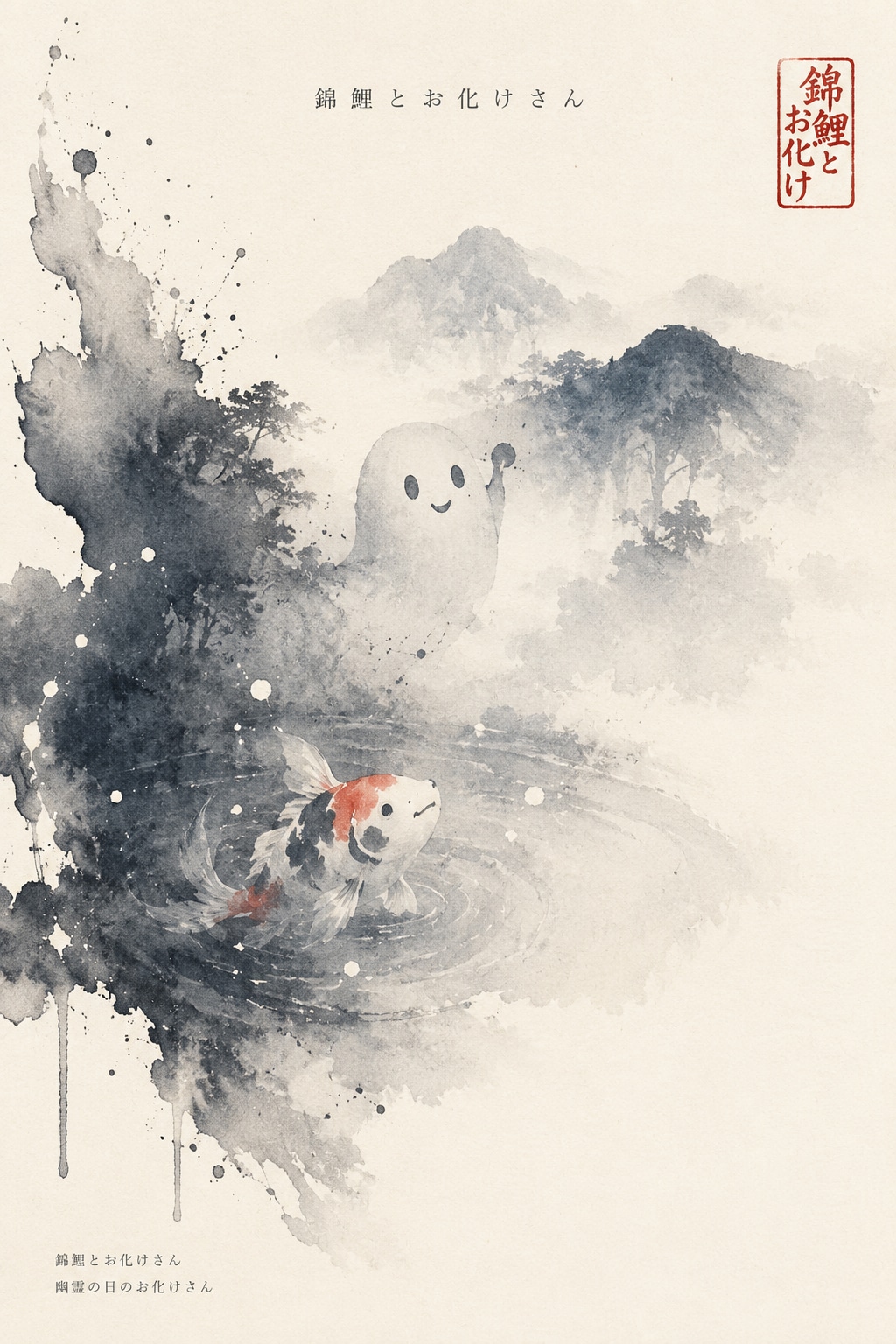錦鯉とお化けさんの水墨画
