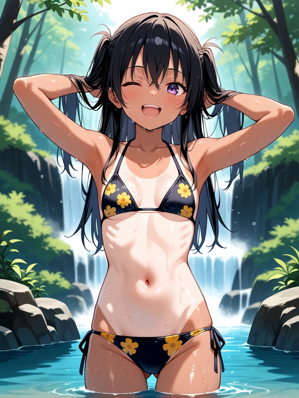 滝のある森で
