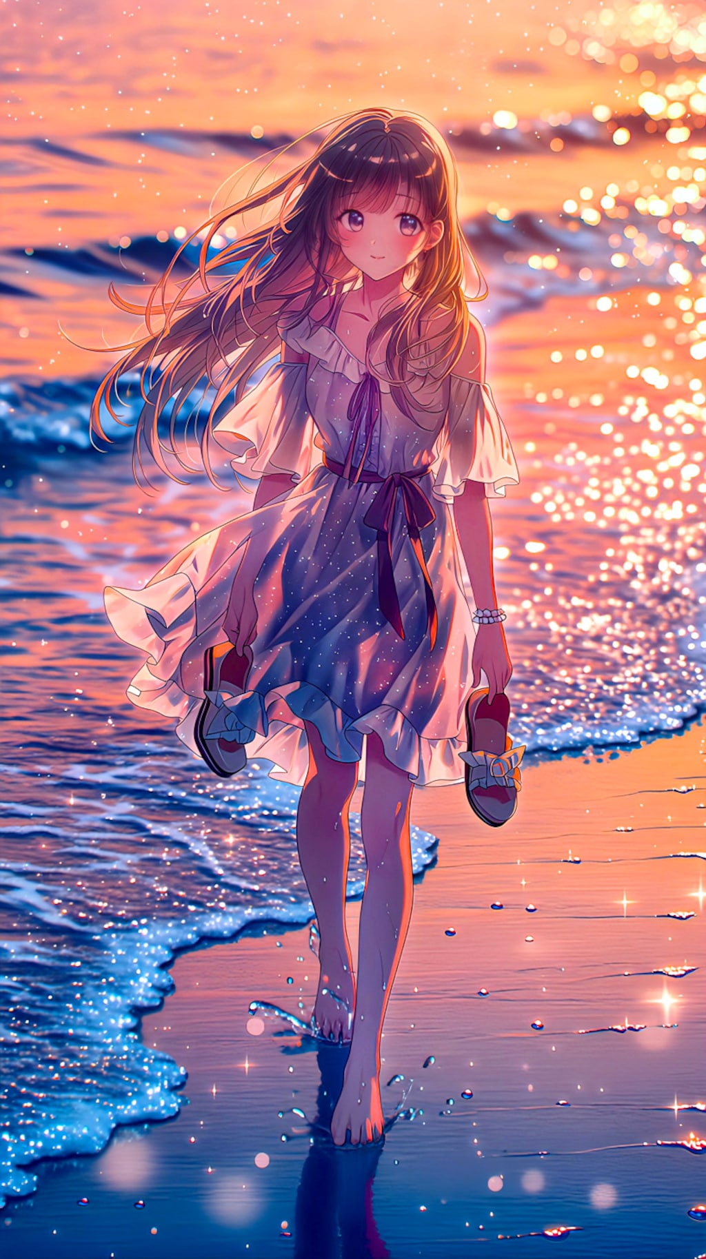 オレンジに輝く夕焼けのビーチと君