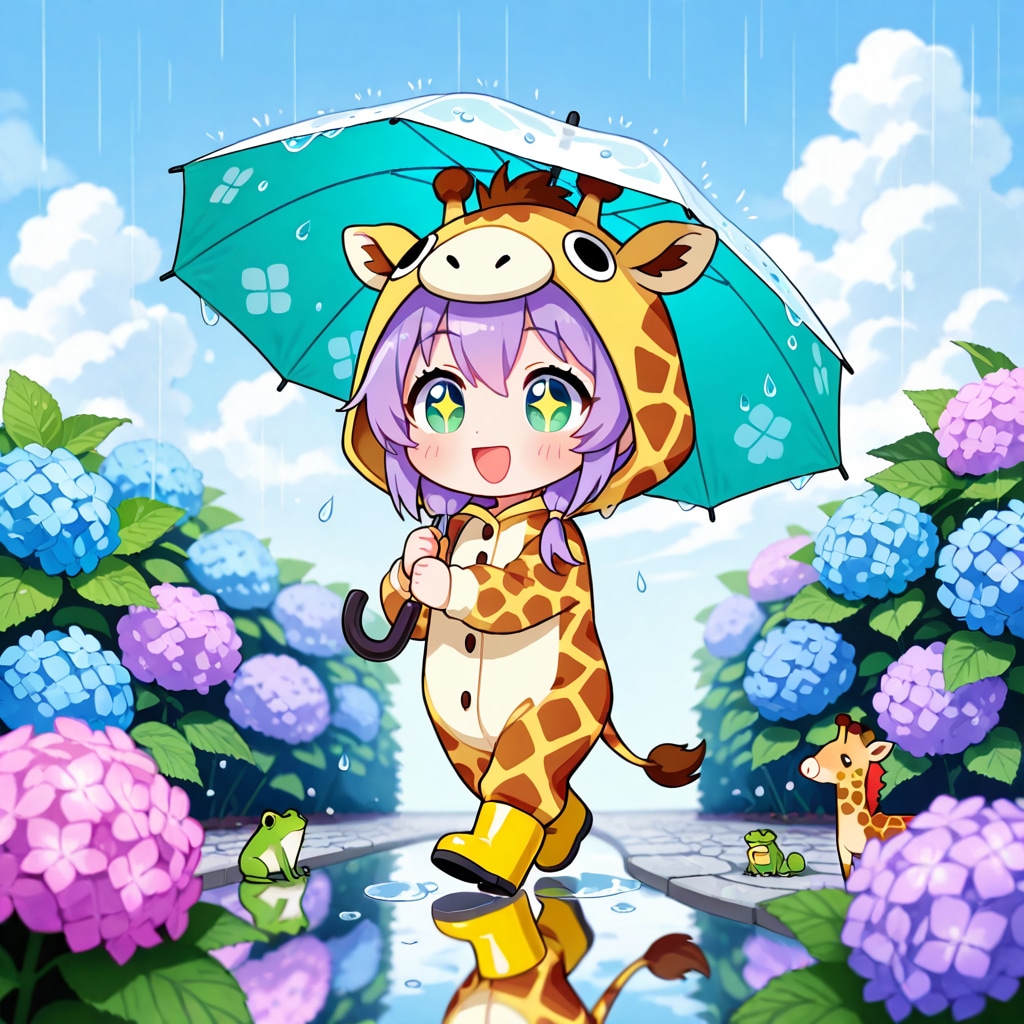 傘の日のキリン着ぐるみちび子ちゃん